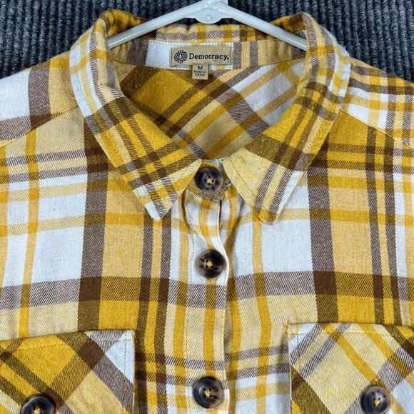 Democracy Tops - Democracy Womens Shirt Medium Yellow Plaid Long Sleeve Button Up Sharp